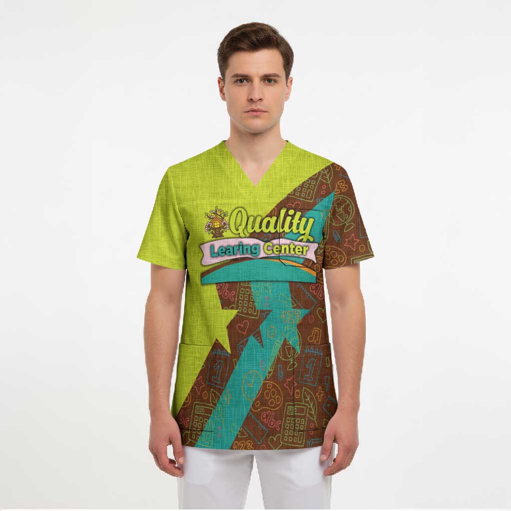Quality Learning Center Scrub Top with School Supply Doodle Pattern