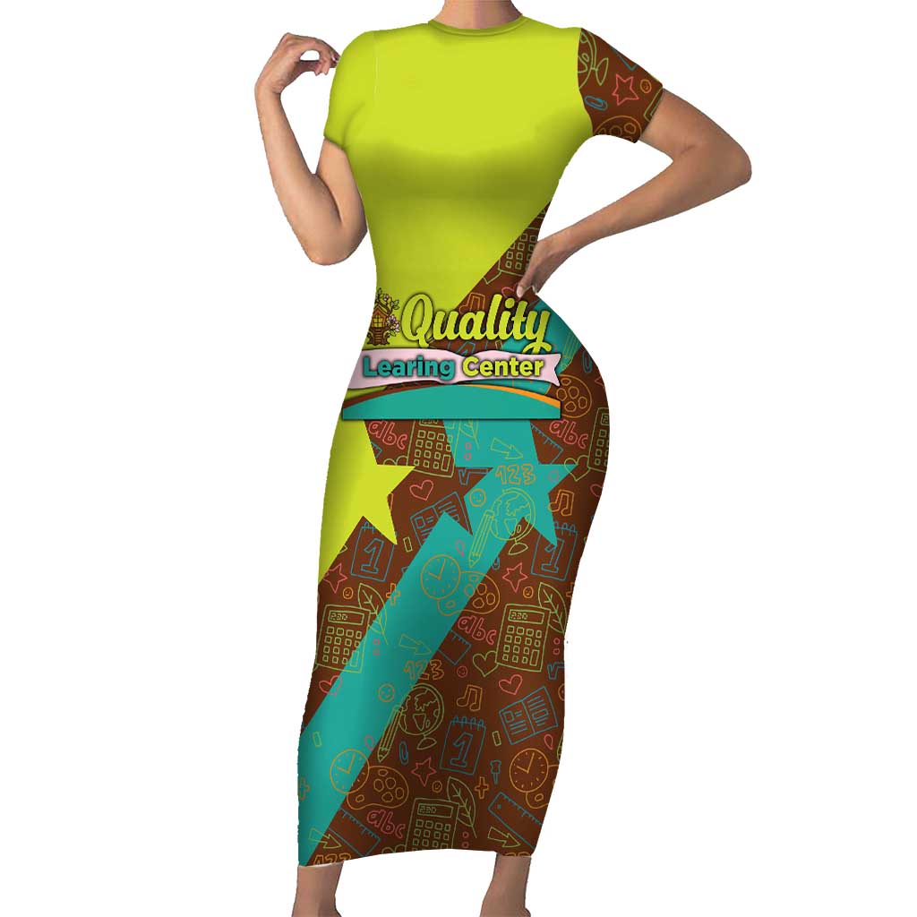 Quality Learning Center Short Sleeve Bodycon Dress with School Supply Doodle Pattern
