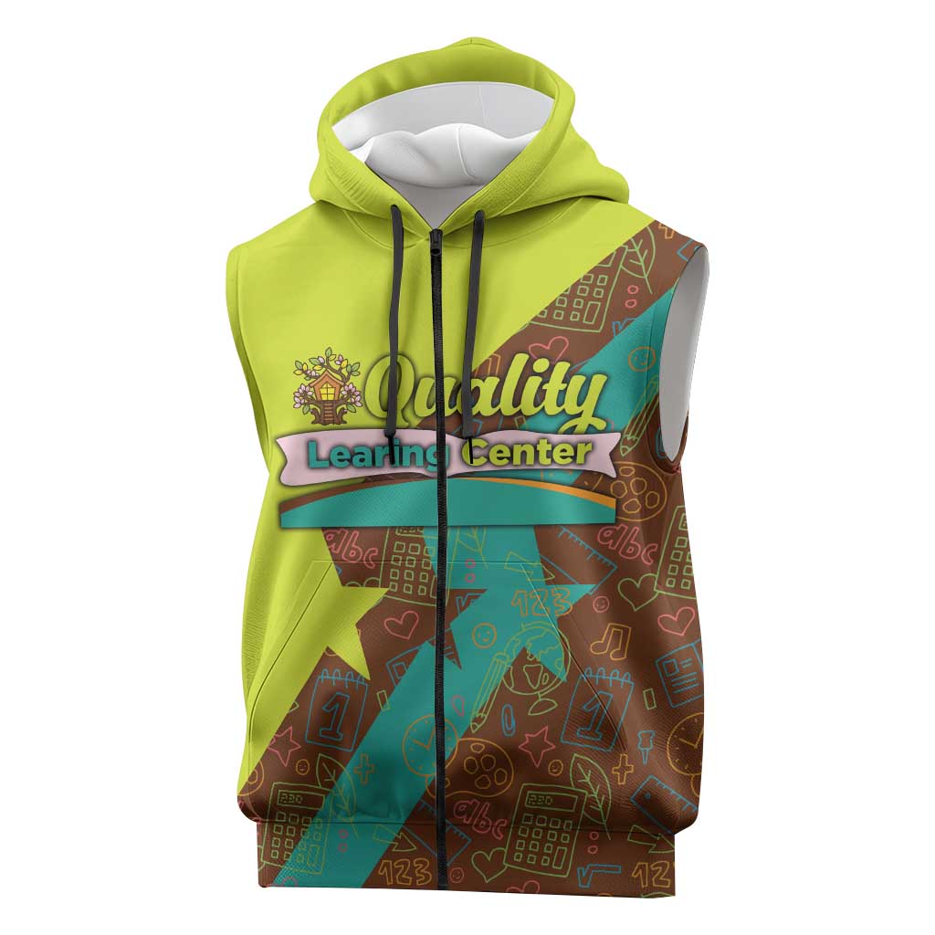 Quality Learning Center Sleeveless Zip Hoodie with School Supply Doodle Pattern