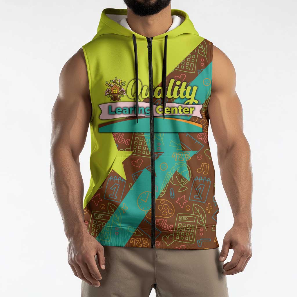 Quality Learning Center Sleeveless Zip Hoodie with School Supply Doodle Pattern