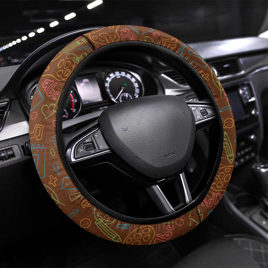 Quality Learning Center Steering Wheel Cover with School Supply Doodle Pattern