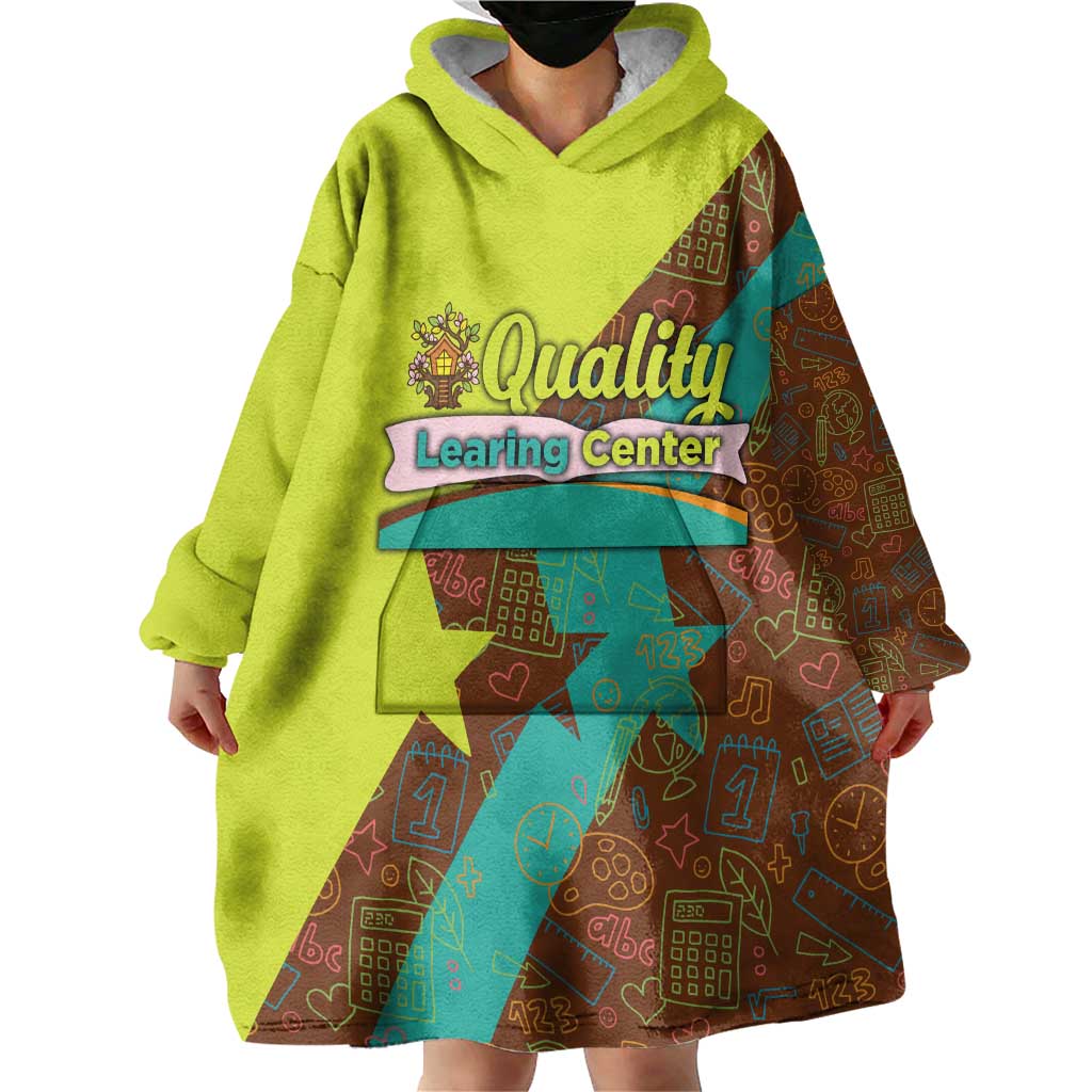 Quality Learning Center Wearable Blanket Hoodie with School Supply Doodle Pattern