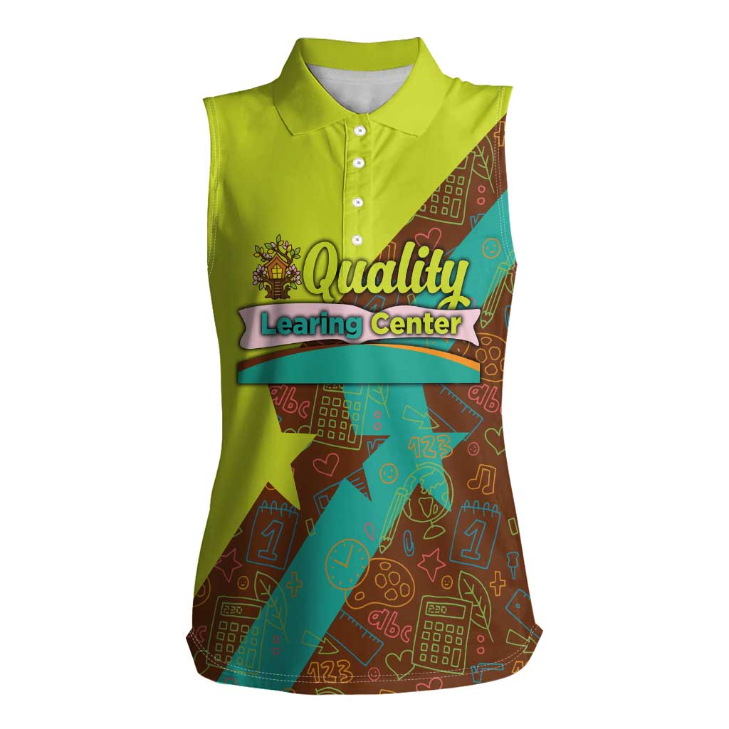 Quality Learning Center Women Sleeveless Polo Shirt with School Supply Doodle Pattern