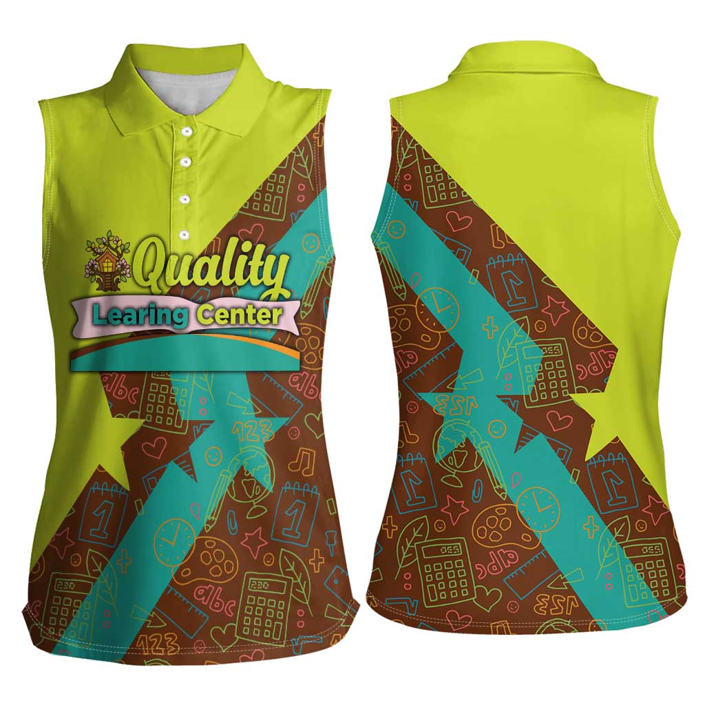 Quality Learning Center Women Sleeveless Polo Shirt with School Supply Doodle Pattern