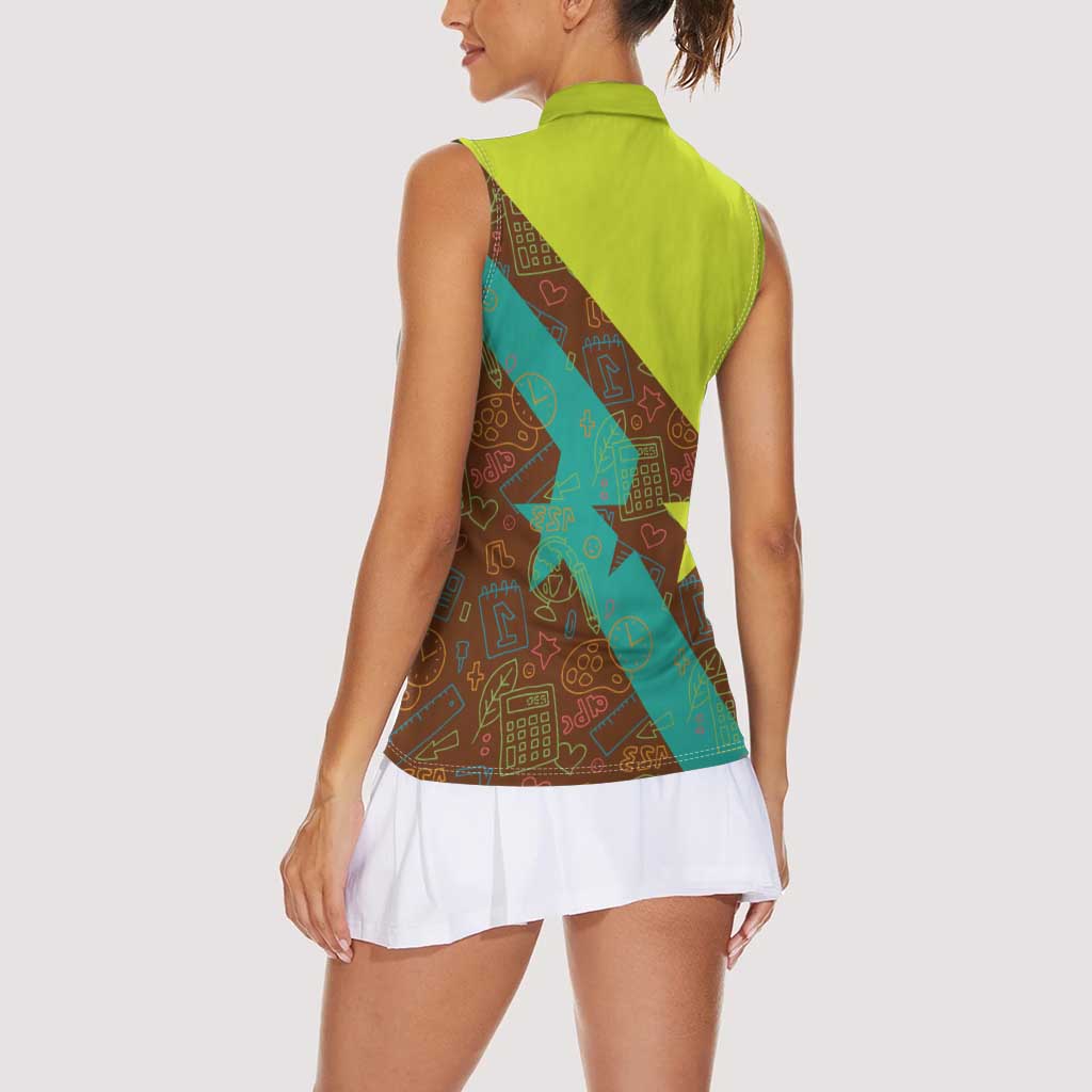 Quality Learning Center Women Sleeveless Polo Shirt with School Supply Doodle Pattern