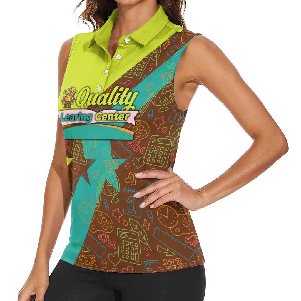 Quality Learning Center Women Sleeveless Polo Shirt with School Supply Doodle Pattern