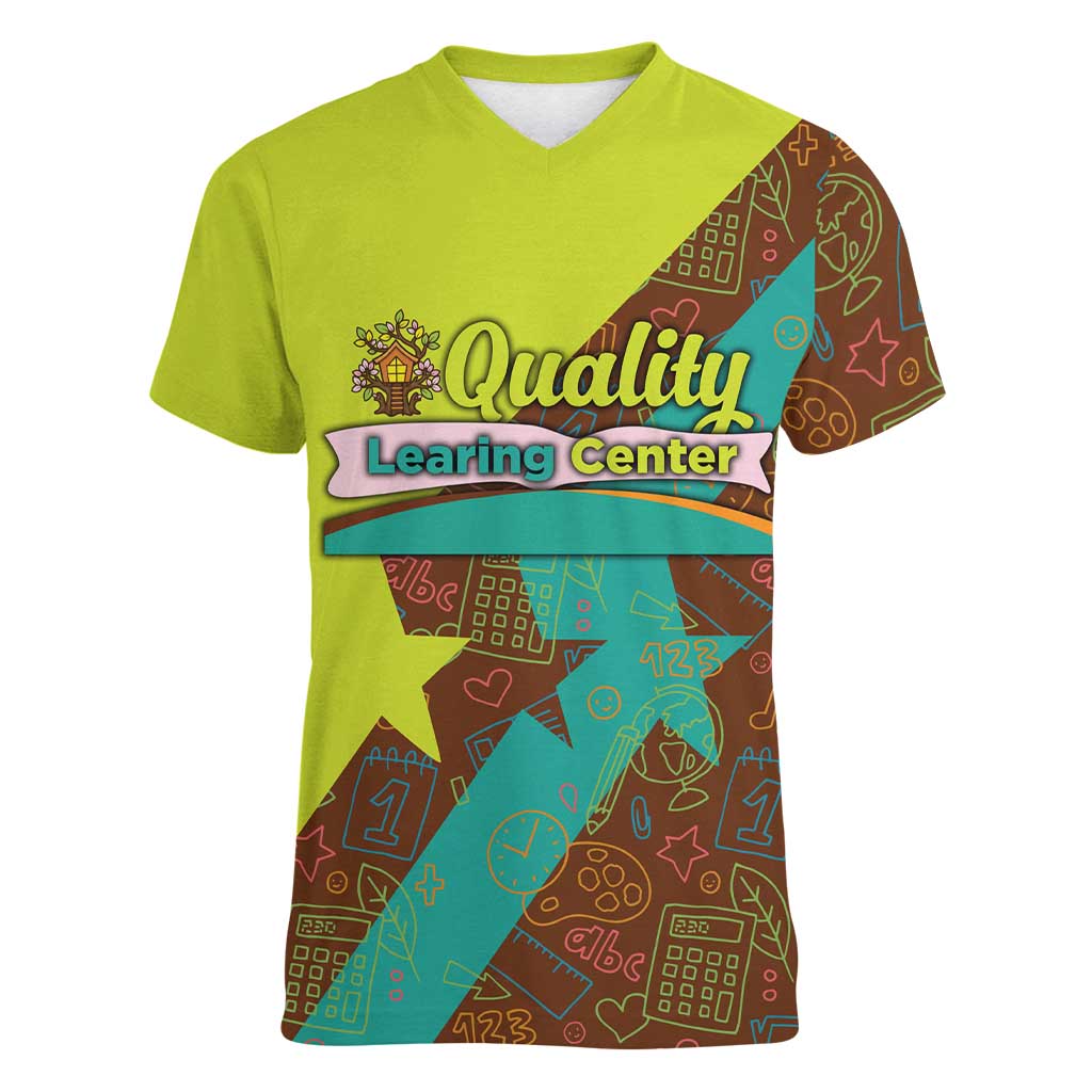 Quality Learning Center Women V-Neck T-Shirt with School Supply Doodle Pattern
