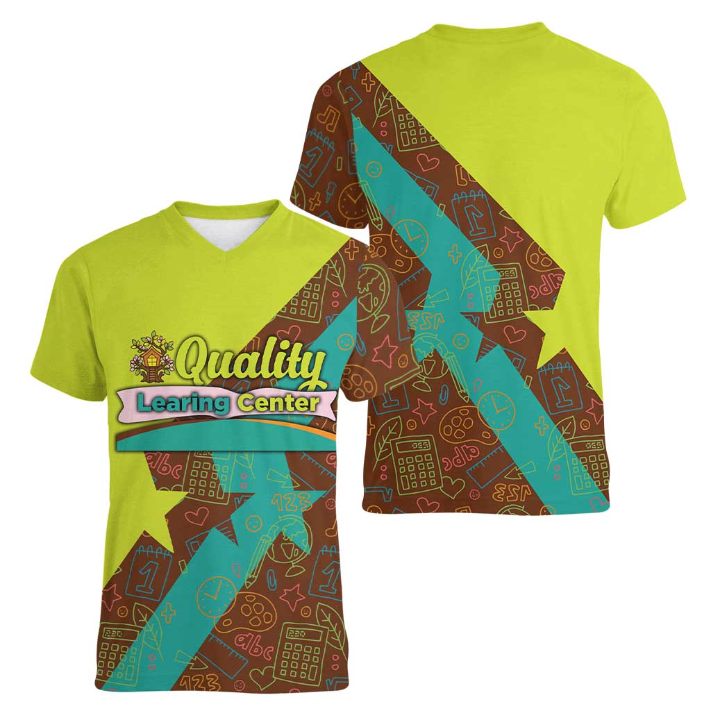Quality Learning Center Women V-Neck T-Shirt with School Supply Doodle Pattern