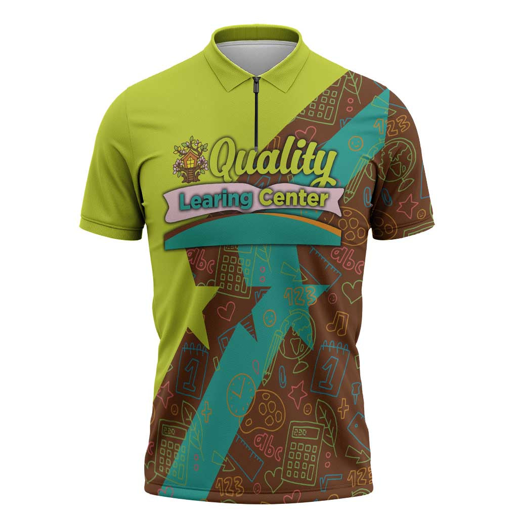 Quality Learning Center Zipper Polo Shirt with School Supply Doodle Pattern