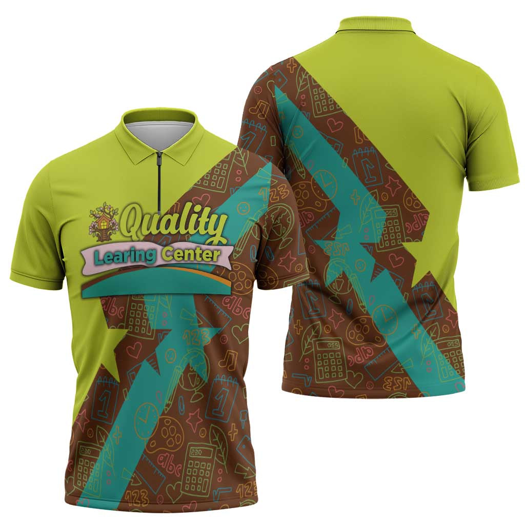 Quality Learning Center Zipper Polo Shirt with School Supply Doodle Pattern