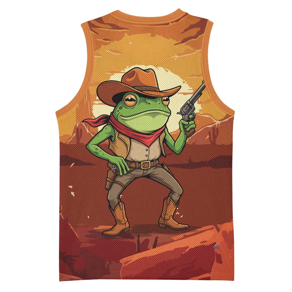 Cowboy Frog Outlaw Basketball Jersey with Desert Sunset Silhouette Pattern