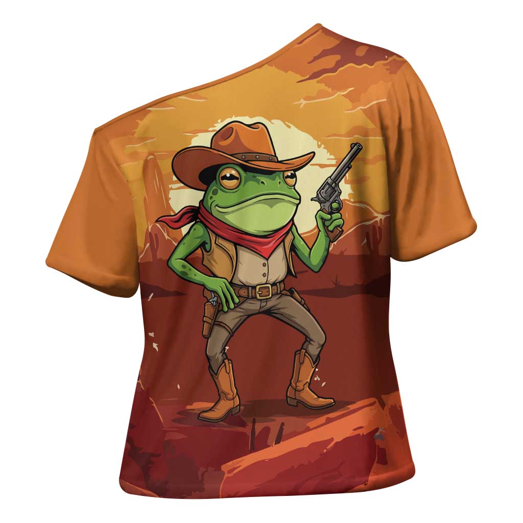 Cowboy Frog Outlaw Cross Shoulder Shirt with Desert Sunset Silhouette Pattern