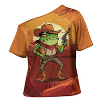 Cowboy Frog Outlaw Cross Shoulder Shirt with Desert Sunset Silhouette Pattern