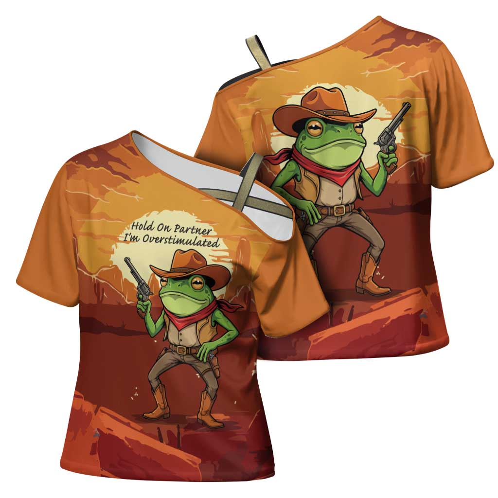 Cowboy Frog Outlaw Cross Shoulder Shirt with Desert Sunset Silhouette Pattern