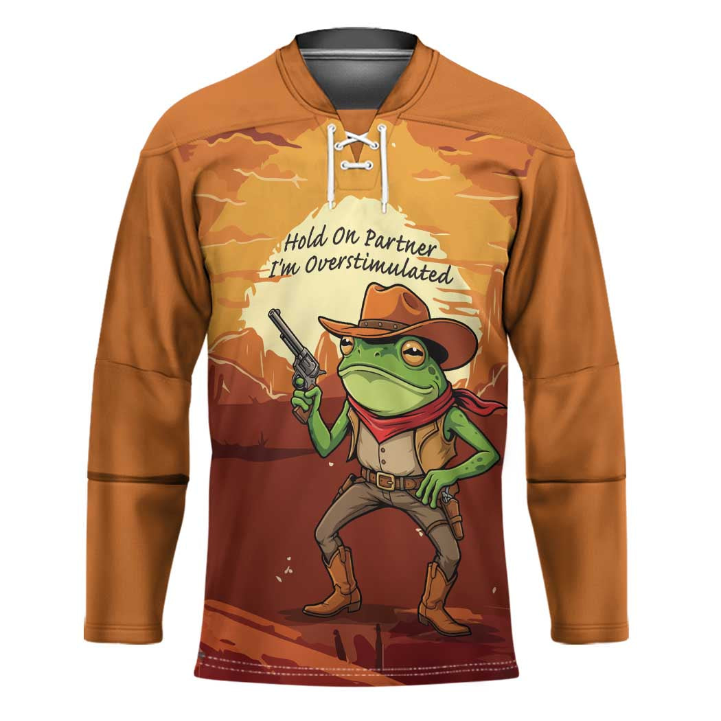 Cowboy Frog Outlaw Hockey Jersey with Desert Sunset Silhouette Pattern