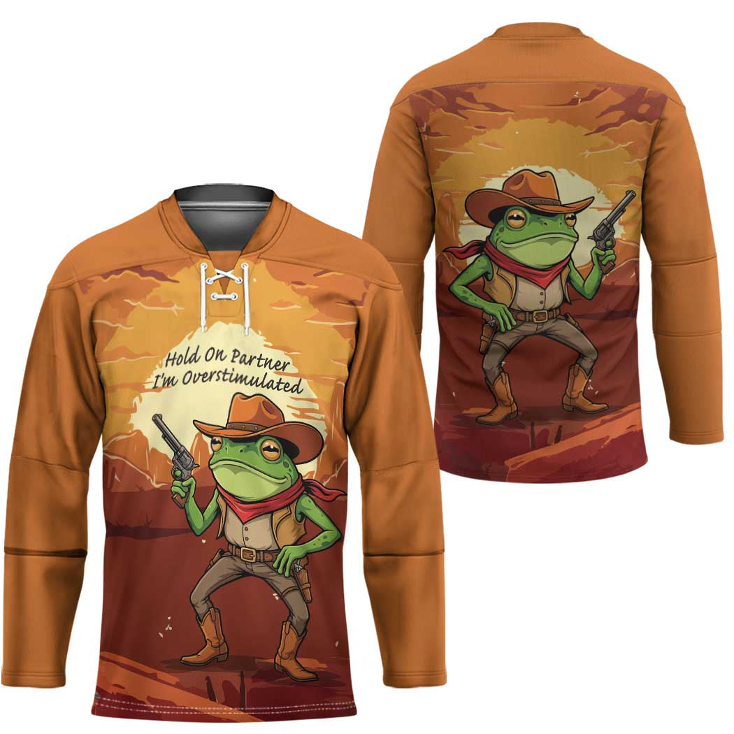 Cowboy Frog Outlaw Hockey Jersey with Desert Sunset Silhouette Pattern