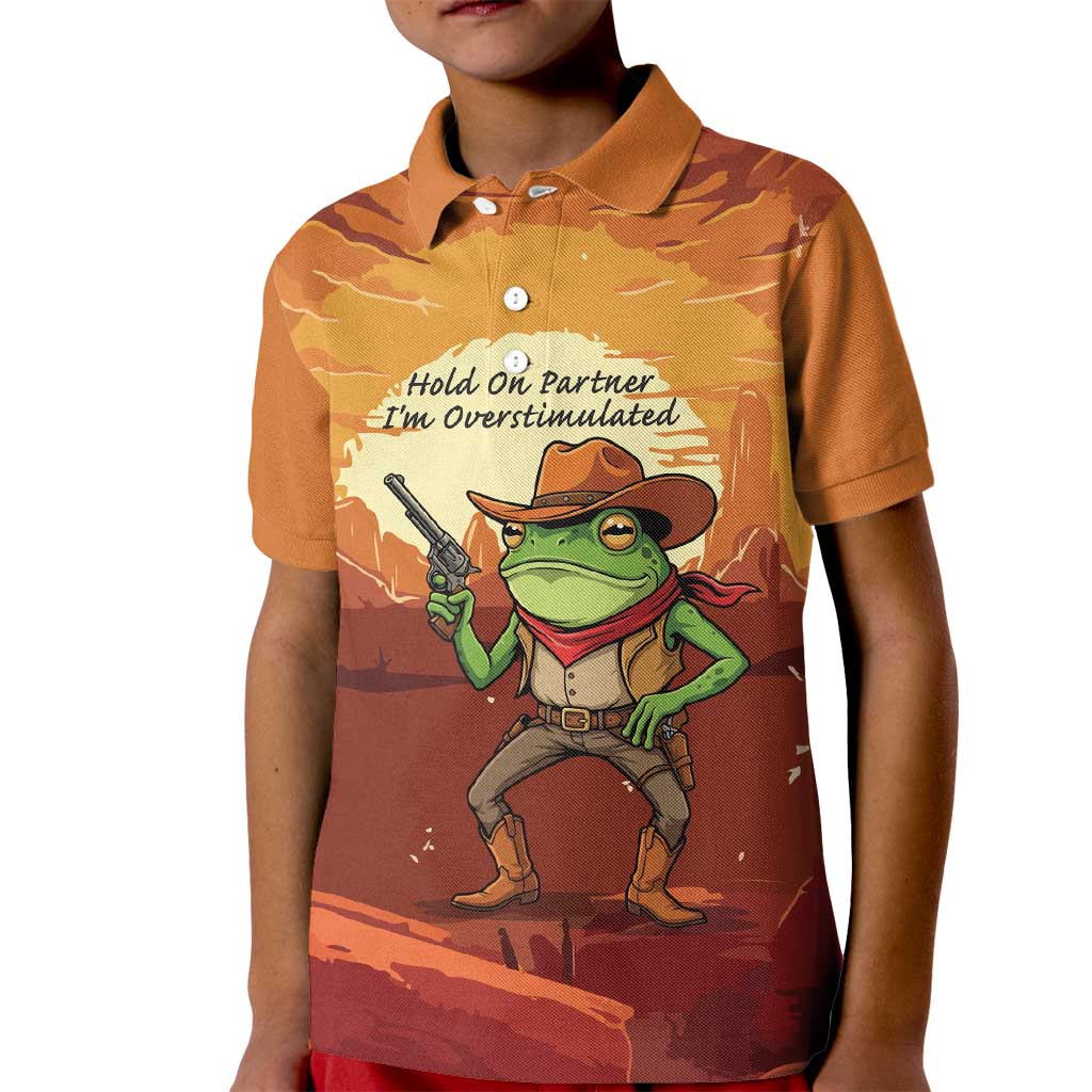 Cowboy Frog Outlaw Kid Polo Shirt with Desert Sunset Silhouette Pattern