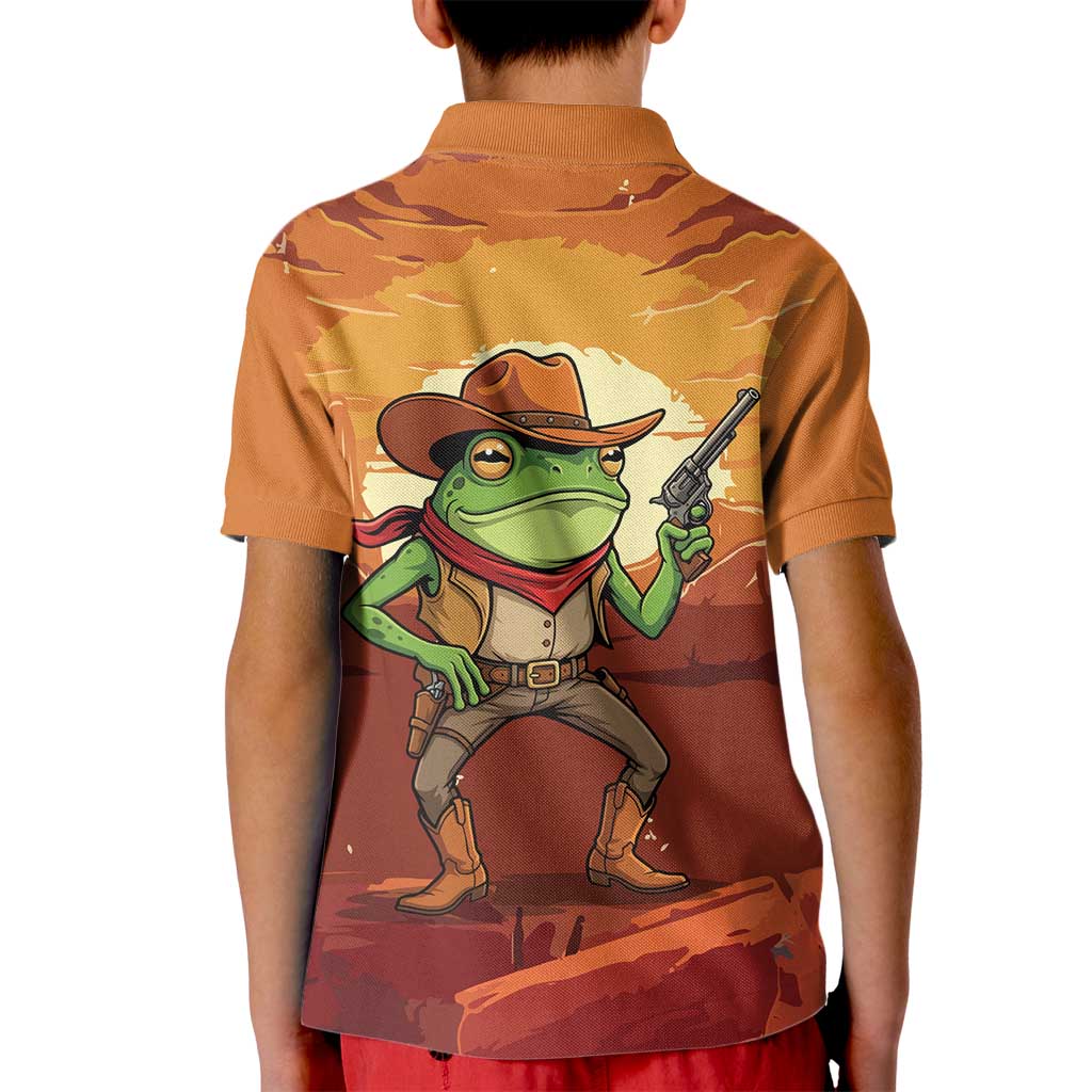 Cowboy Frog Outlaw Kid Polo Shirt with Desert Sunset Silhouette Pattern