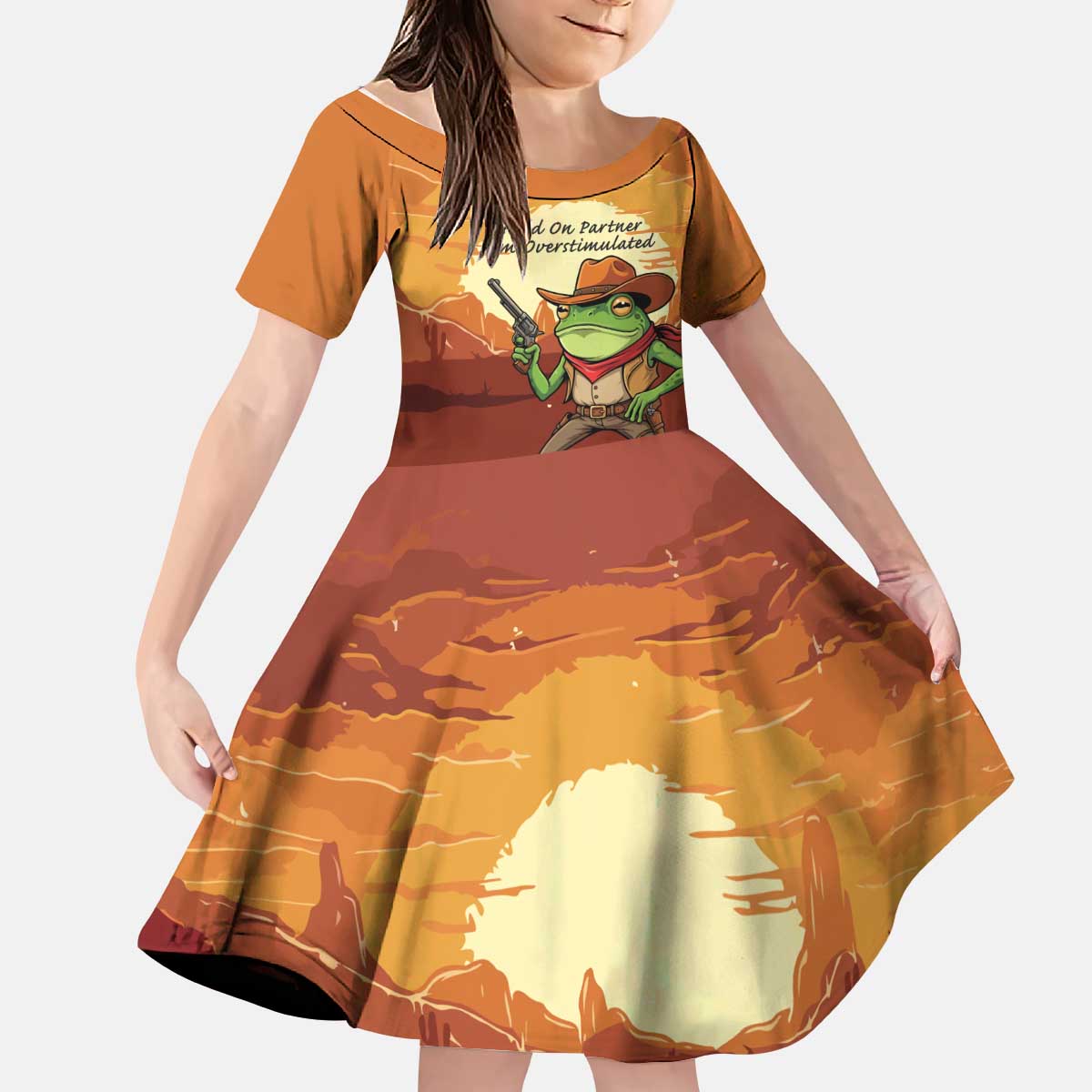 Cowboy Frog Outlaw Kid Short Sleeve Dress with Desert Sunset Silhouette Pattern