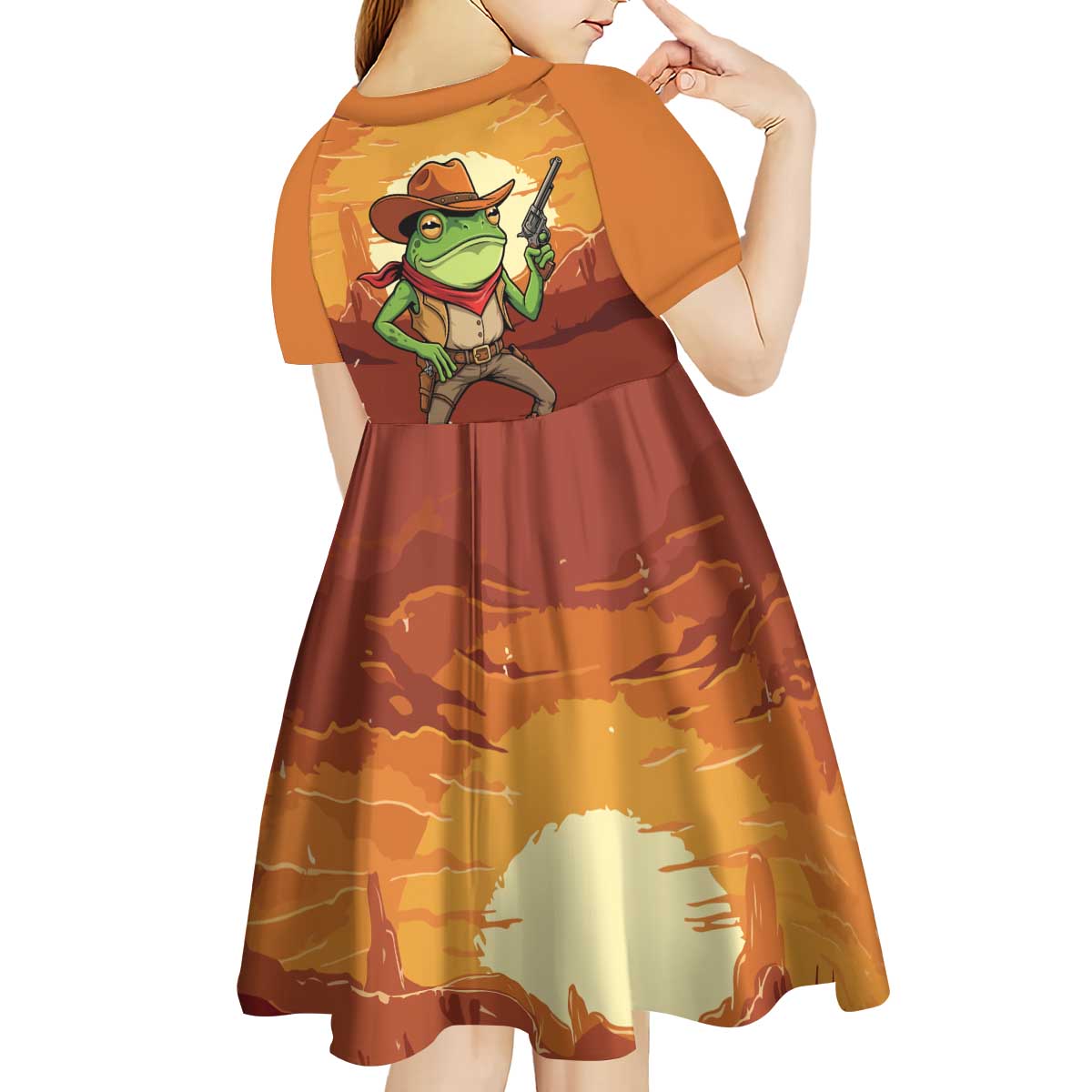 Cowboy Frog Outlaw Kid Short Sleeve Dress with Desert Sunset Silhouette Pattern