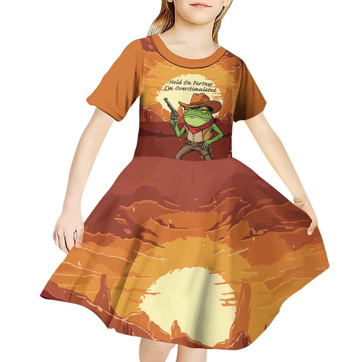 Cowboy Frog Outlaw Kid Short Sleeve Dress with Desert Sunset Silhouette Pattern