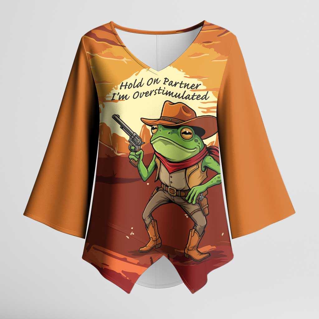 Cowboy Frog Outlaw Kimono Sleeve Blouse with Desert Sunset Silhouette Pattern