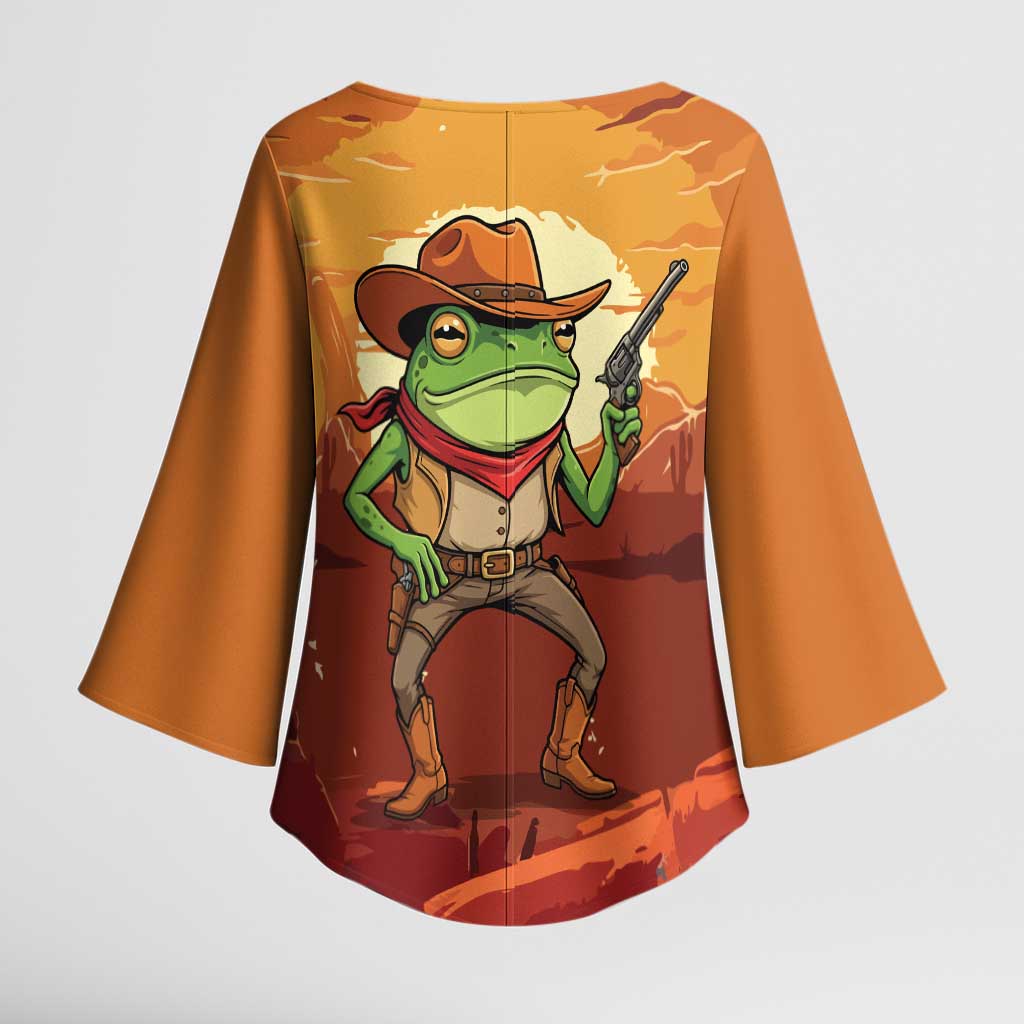 Cowboy Frog Outlaw Kimono Sleeve Blouse with Desert Sunset Silhouette Pattern