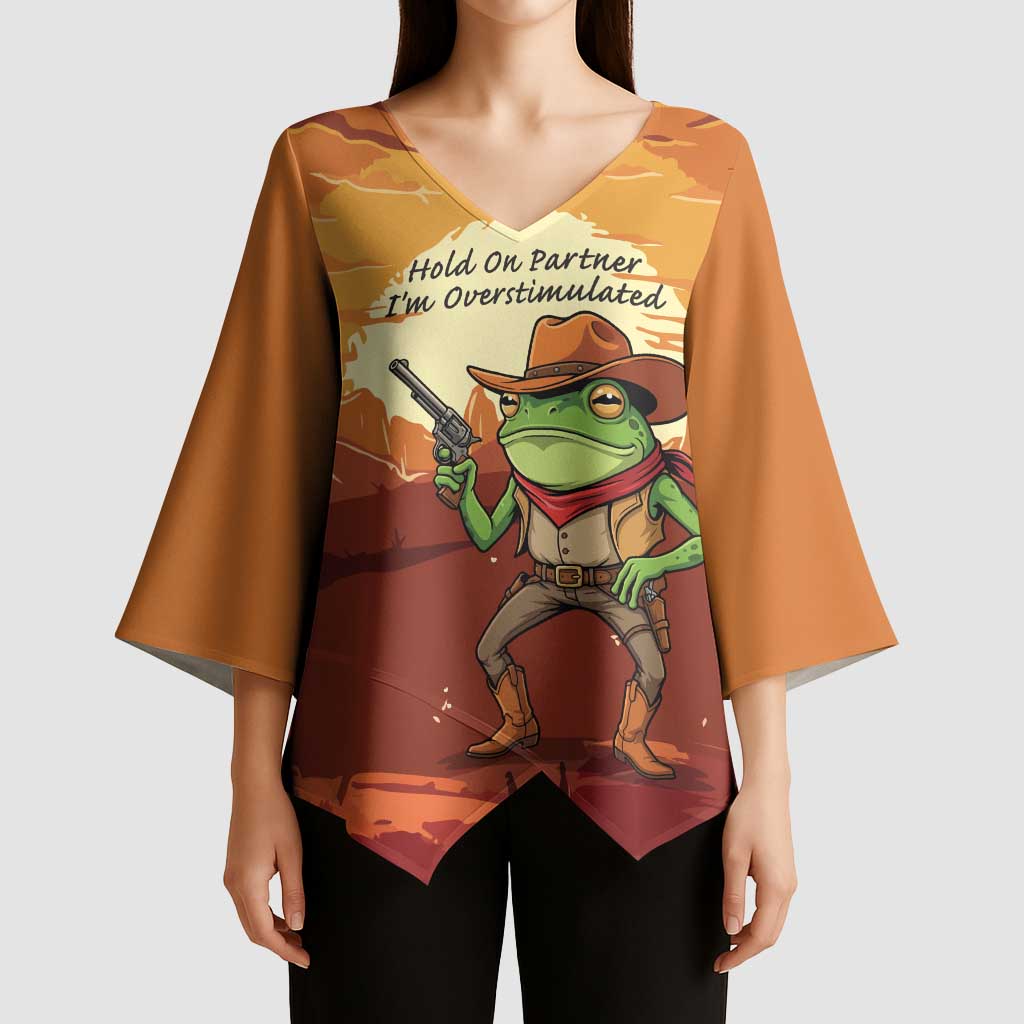 Cowboy Frog Outlaw Kimono Sleeve Blouse with Desert Sunset Silhouette Pattern