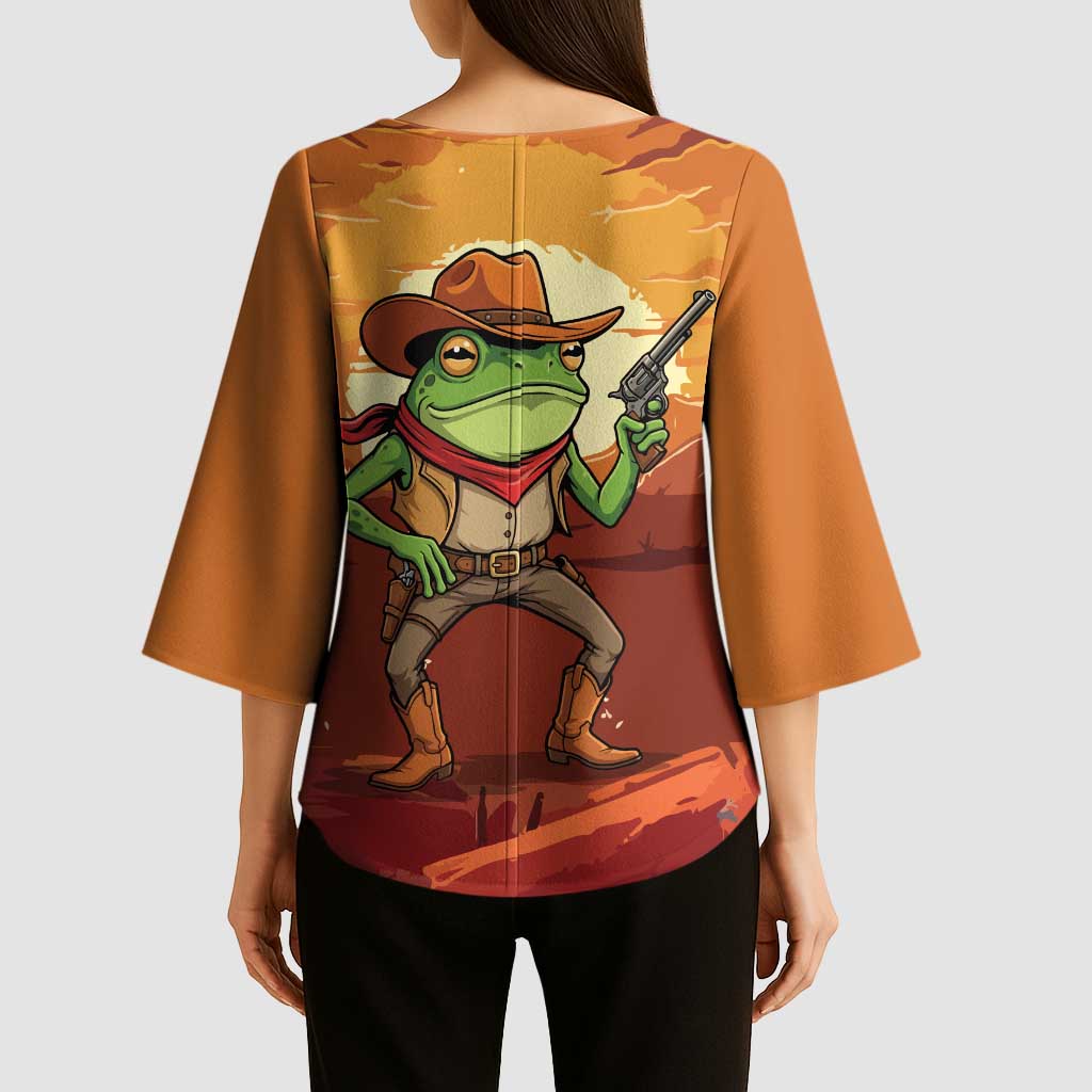 Cowboy Frog Outlaw Kimono Sleeve Blouse with Desert Sunset Silhouette Pattern