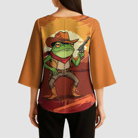 Cowboy Frog Outlaw Kimono Sleeve Blouse with Desert Sunset Silhouette Pattern