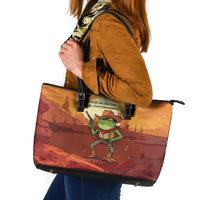 Cowboy Frog Outlaw Leather Tote Bag with Desert Sunset Silhouette Pattern