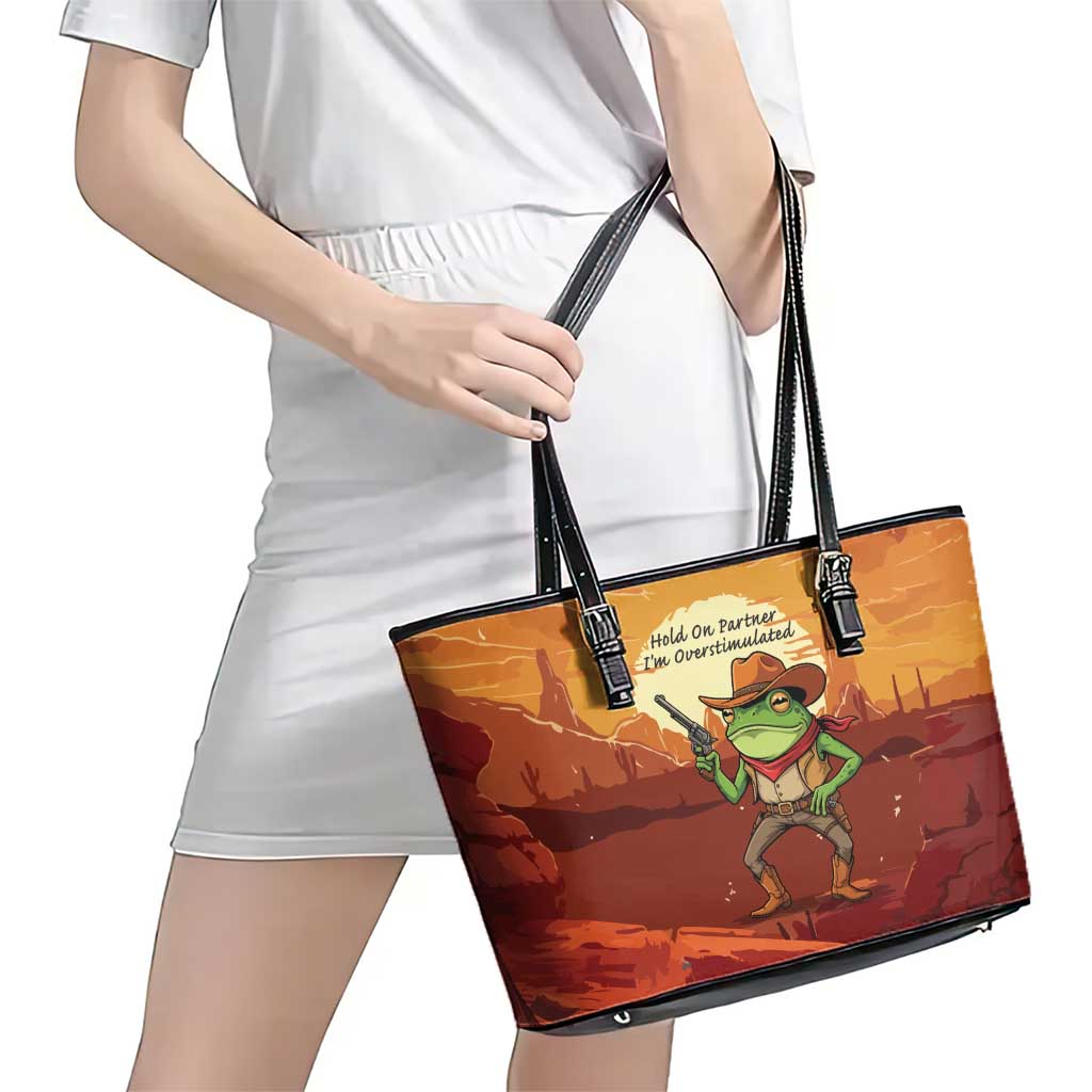 Cowboy Frog Outlaw Leather Tote Bag with Desert Sunset Silhouette Pattern