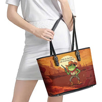 Cowboy Frog Outlaw Leather Tote Bag with Desert Sunset Silhouette Pattern