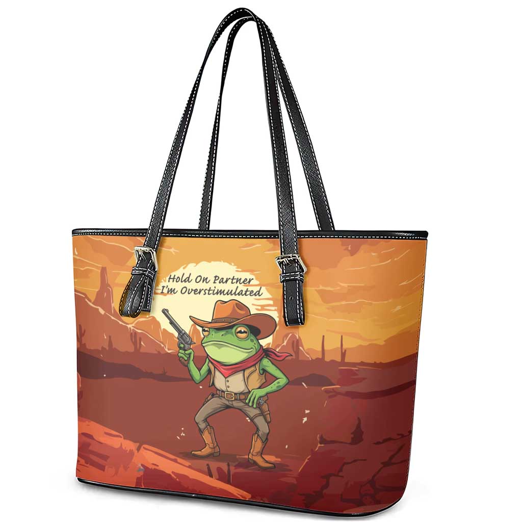 Cowboy Frog Outlaw Leather Tote Bag with Desert Sunset Silhouette Pattern