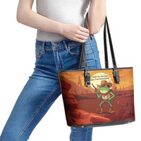 Cowboy Frog Outlaw Leather Tote Bag with Desert Sunset Silhouette Pattern
