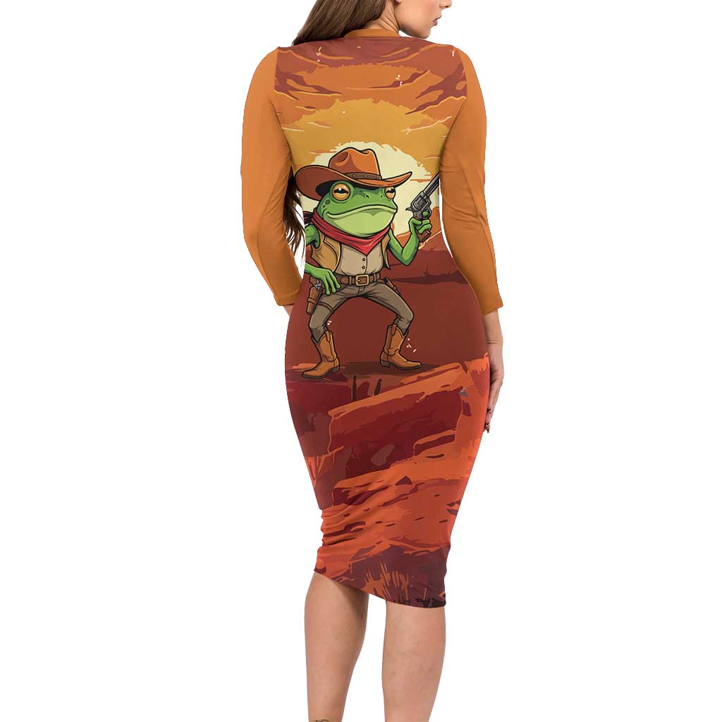 Cowboy Frog Outlaw Long Sleeve Bodycon Dress with Desert Sunset Silhouette Pattern