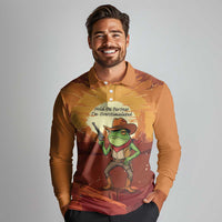 Cowboy Frog Outlaw Long Sleeve Polo Shirt with Desert Sunset Silhouette Pattern