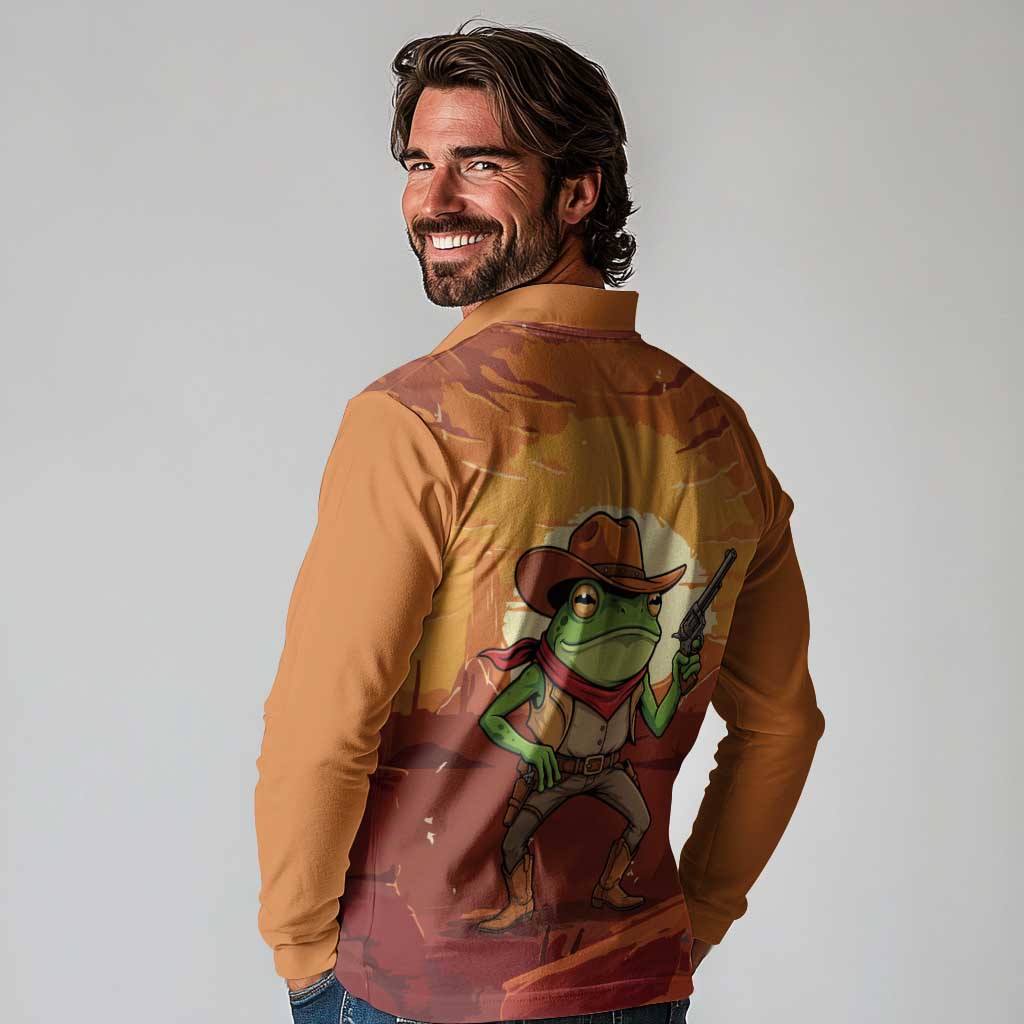 Cowboy Frog Outlaw Long Sleeve Polo Shirt with Desert Sunset Silhouette Pattern