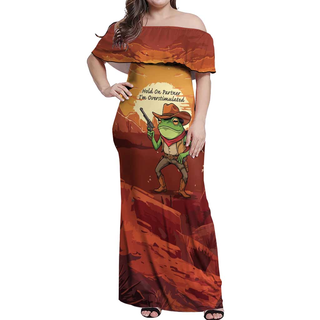 Cowboy Frog Outlaw Off Shoulder Maxi Dress with Desert Sunset Silhouette Pattern