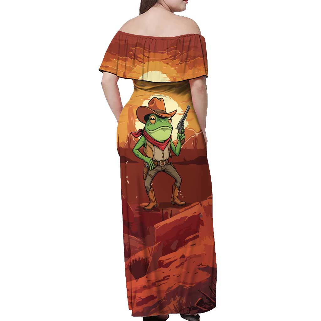 Cowboy Frog Outlaw Off Shoulder Maxi Dress with Desert Sunset Silhouette Pattern