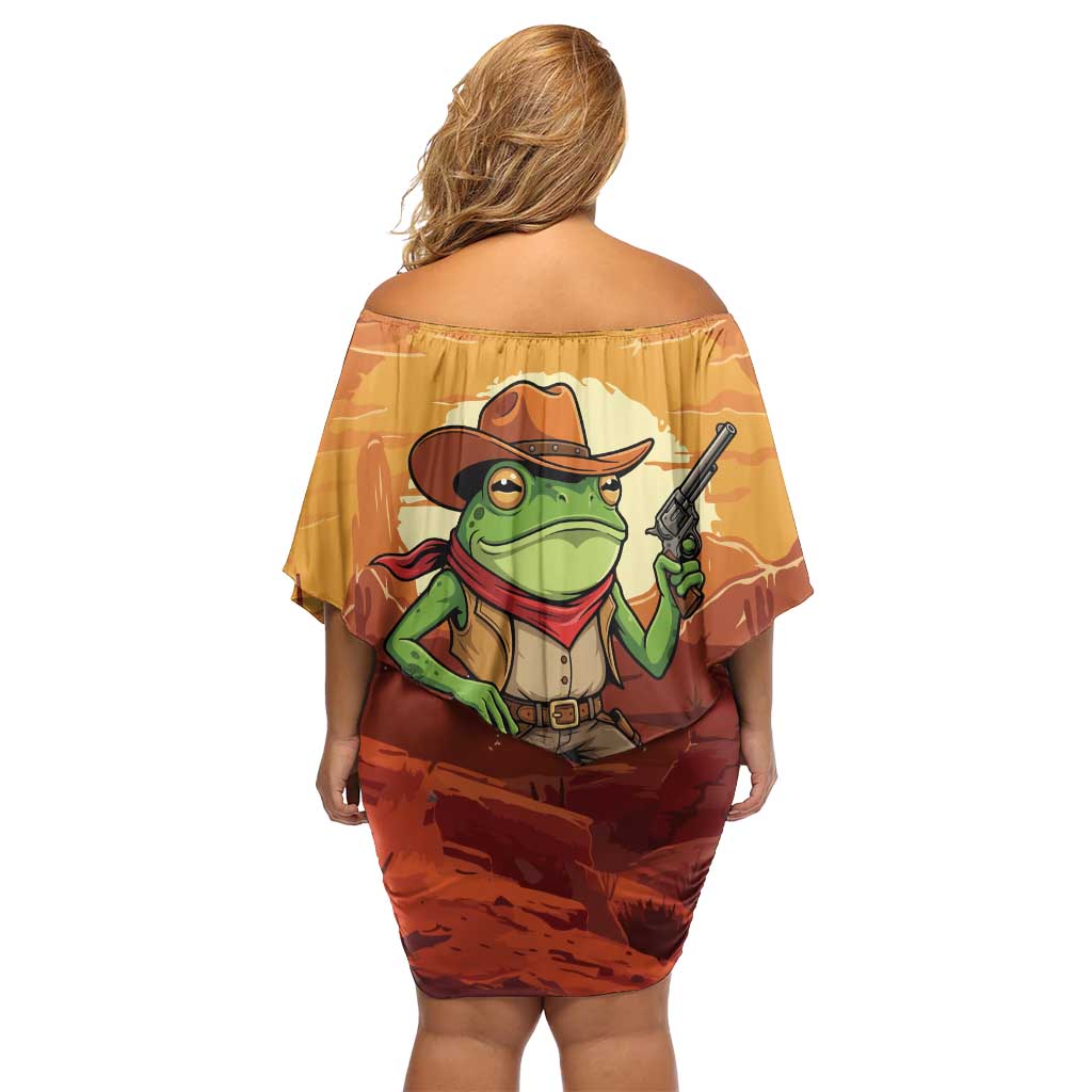 Cowboy Frog Outlaw Off Shoulder Short Dress with Desert Sunset Silhouette Pattern