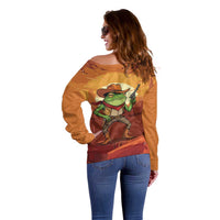 Cowboy Frog Outlaw Off Shoulder Sweater with Desert Sunset Silhouette Pattern
