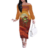 Cowboy Frog Outlaw Off The Shoulder Long Sleeve Dress with Desert Sunset Silhouette Pattern