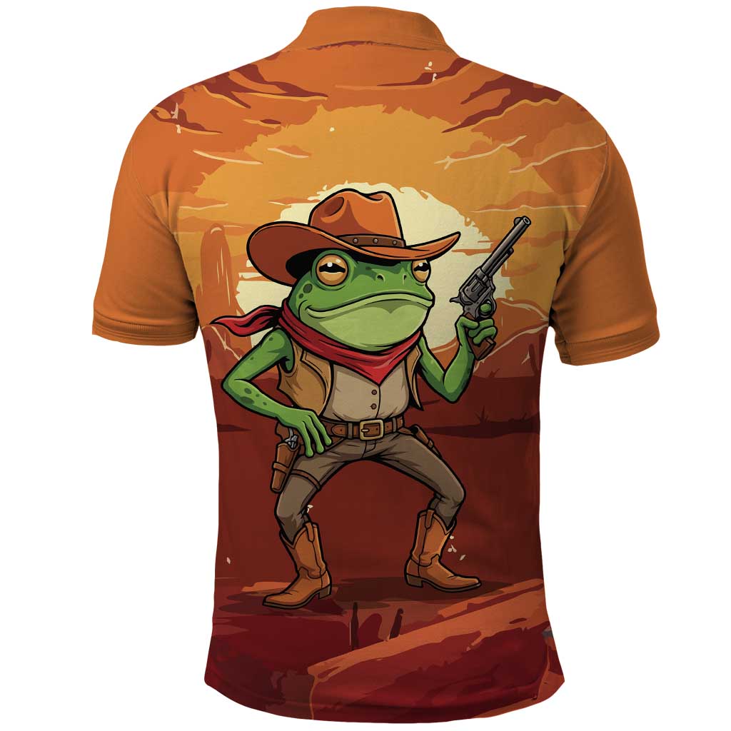 Cowboy Frog Outlaw Polo Shirt with Desert Sunset Silhouette Pattern