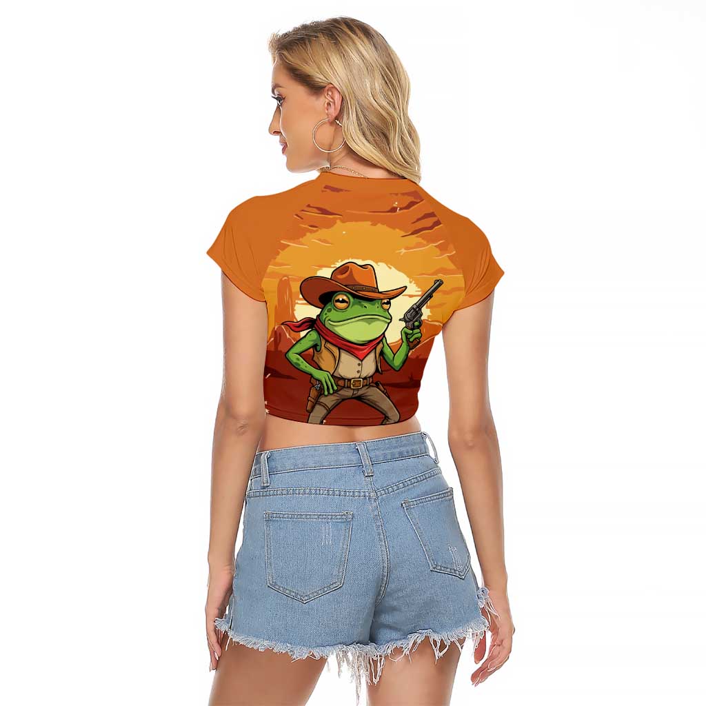 Cowboy Frog Outlaw Raglan Cropped T Shirt with Desert Sunset Silhouette Pattern