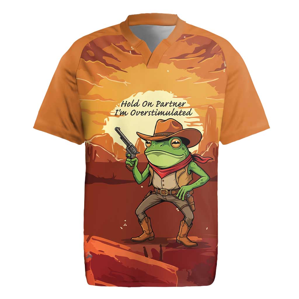 Cowboy Frog Outlaw Rugby Jersey with Desert Sunset Silhouette Pattern
