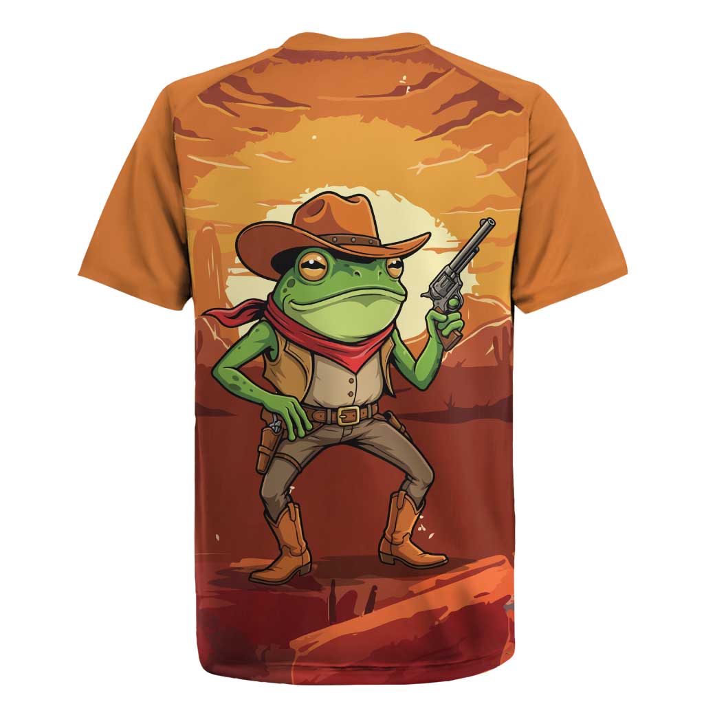 Cowboy Frog Outlaw Rugby Jersey with Desert Sunset Silhouette Pattern
