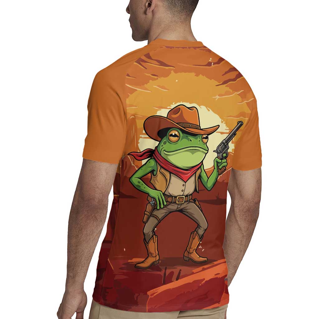 Cowboy Frog Outlaw Rugby Jersey with Desert Sunset Silhouette Pattern