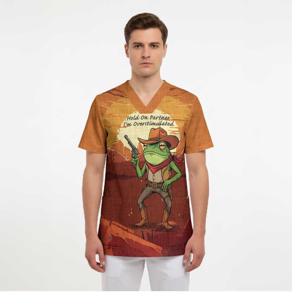 Cowboy Frog Outlaw Scrub Top with Desert Sunset Silhouette Pattern