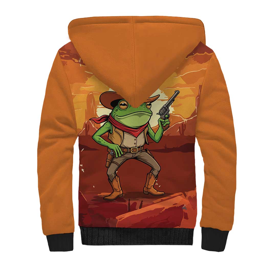 Cowboy Frog Outlaw Sherpa Hoodie with Desert Sunset Silhouette Pattern